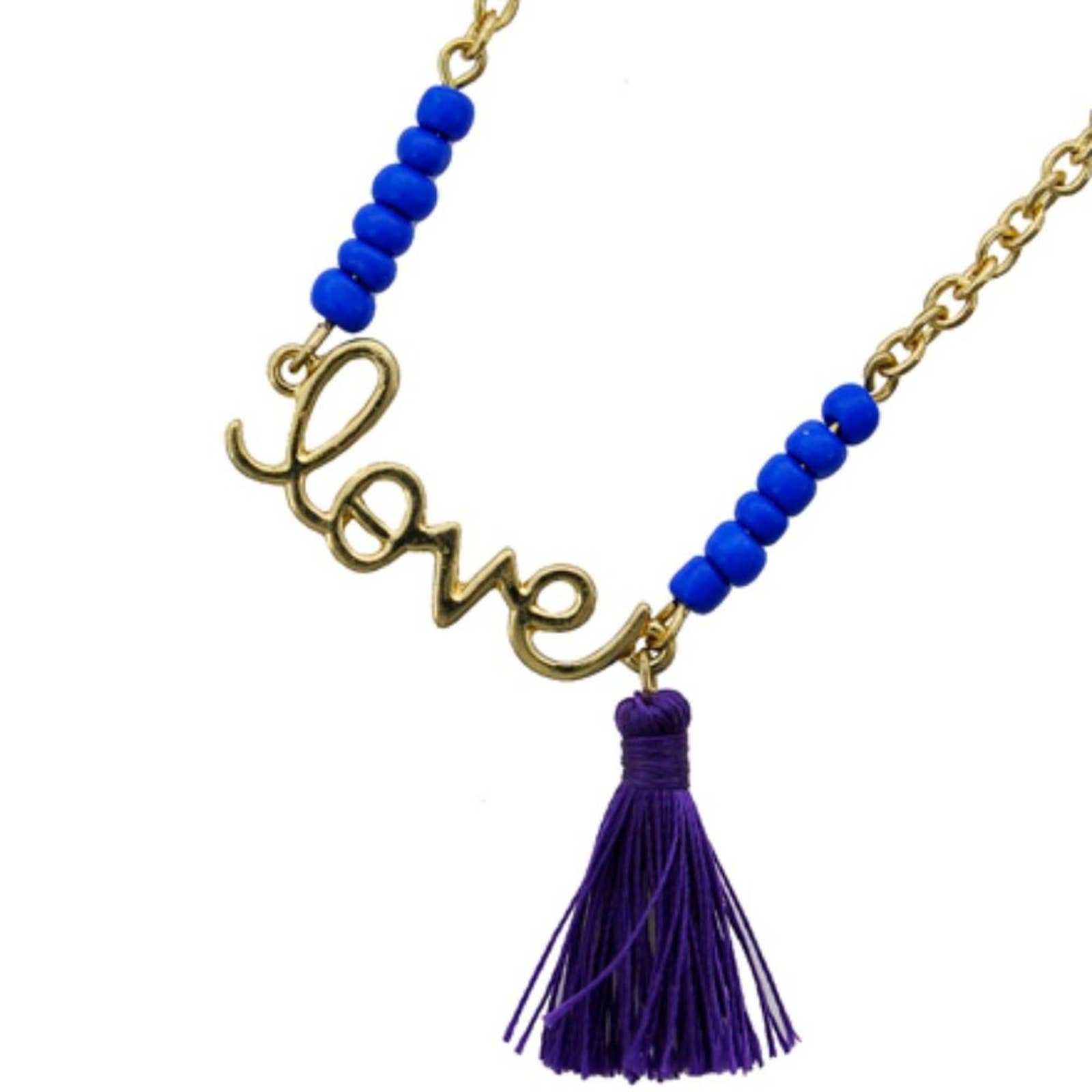 Blue & Purple Bead Love Tassel Charm Necklace